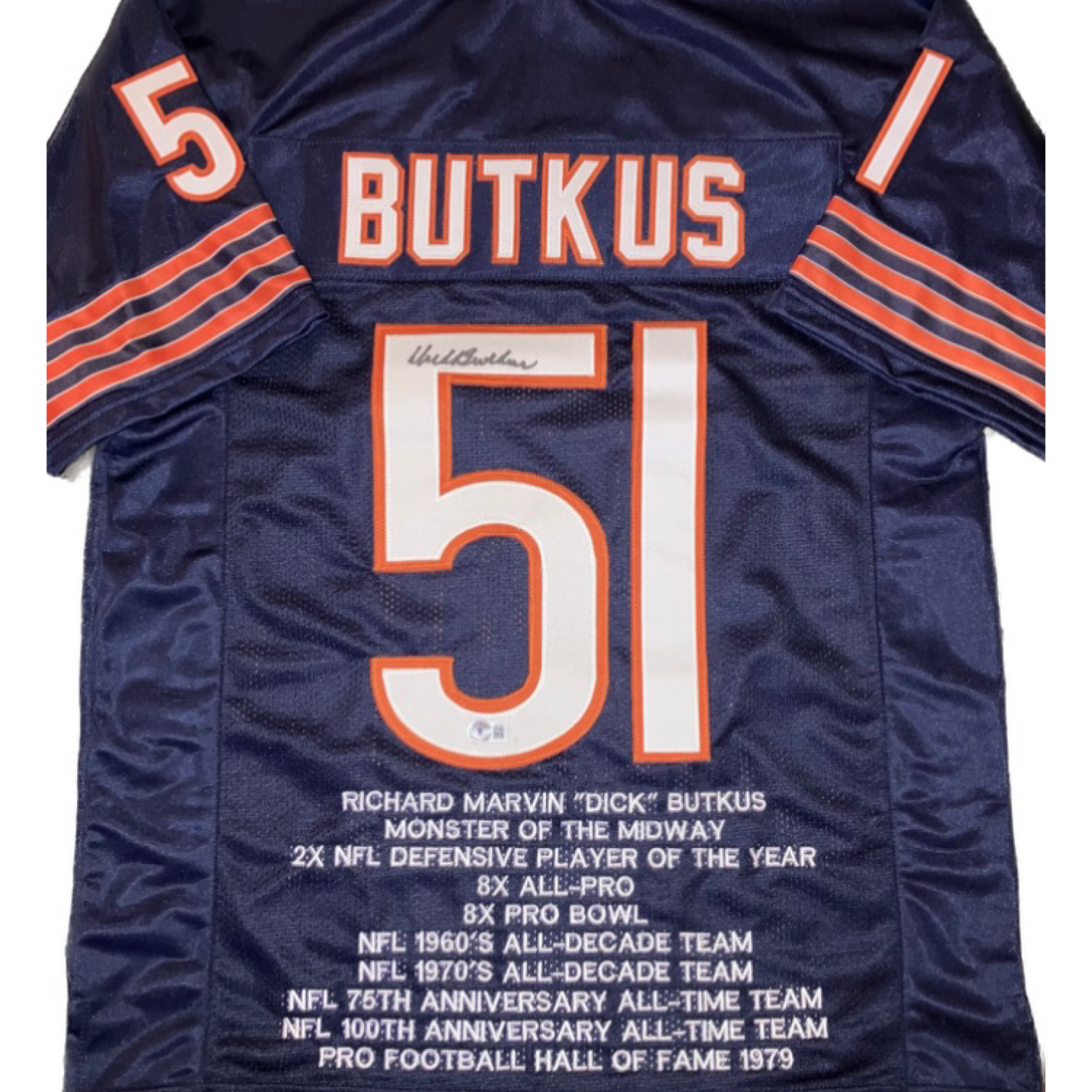 Dick Butkus Signed XL Navy Chicago Stat Jersey With Beckett COA
