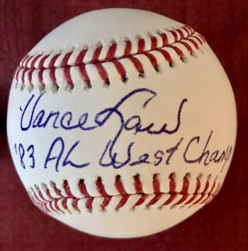Vance Law Signed MLB Baseball w/'83 A.L. West Champs Inscr.